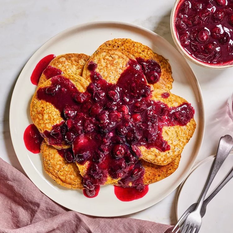 Lemon Poppyseed Pancakes with Blueberry Sauce